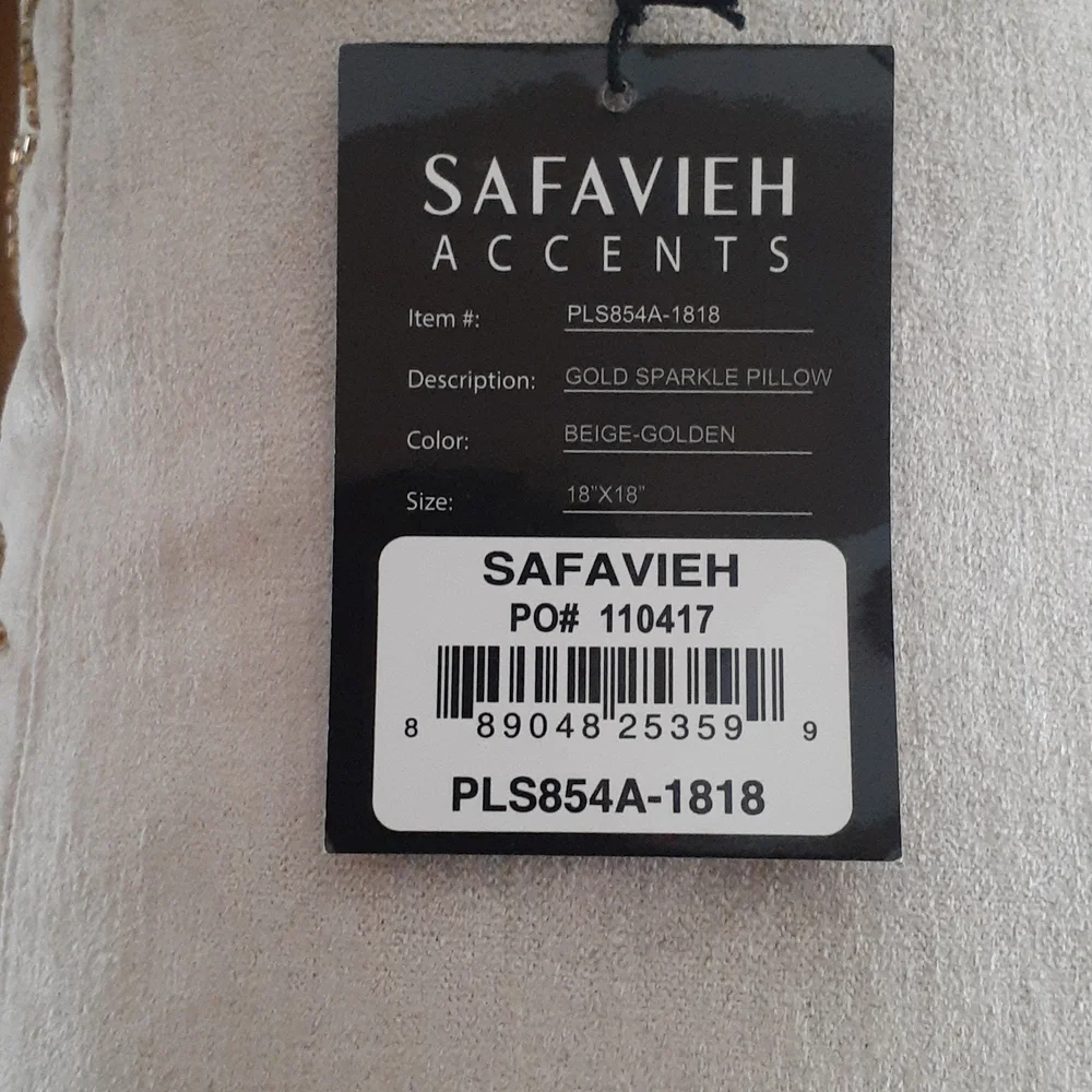 Safavieh Throw Pillow Beaded Gold Sparkle Velvet Golden Beige 18” Square NWT